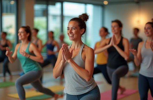 Happy employees engaged in a corporate wellness activity like a group yoga session or healthy cooking class.
