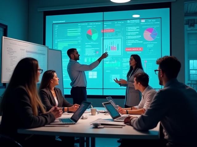 Team collaborating on a health program development plan, with data visualizations and community impact charts on screens.